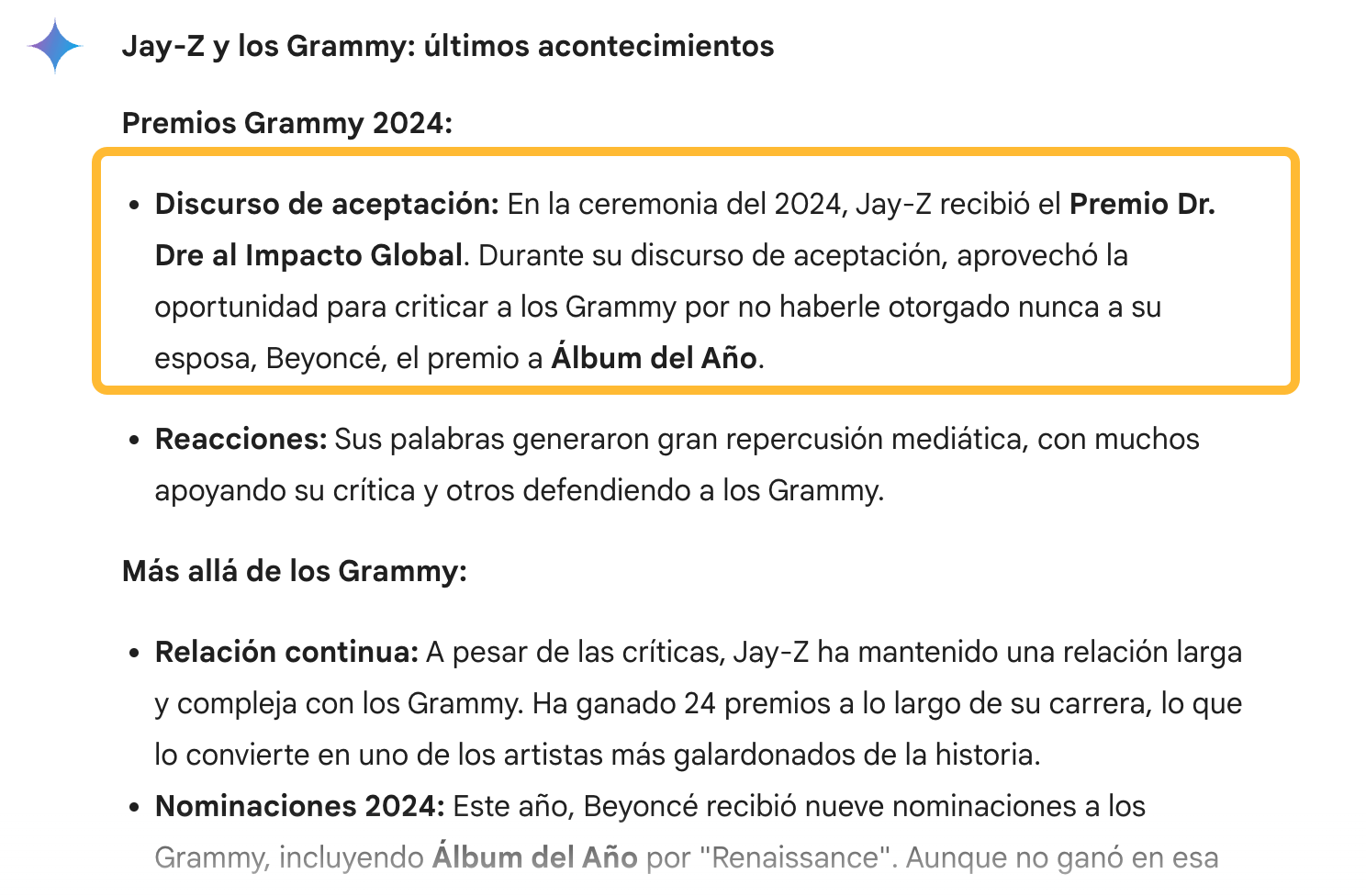 Respuesta de Gemini sobre "¿Qué ha pasado con Jay-Z"?