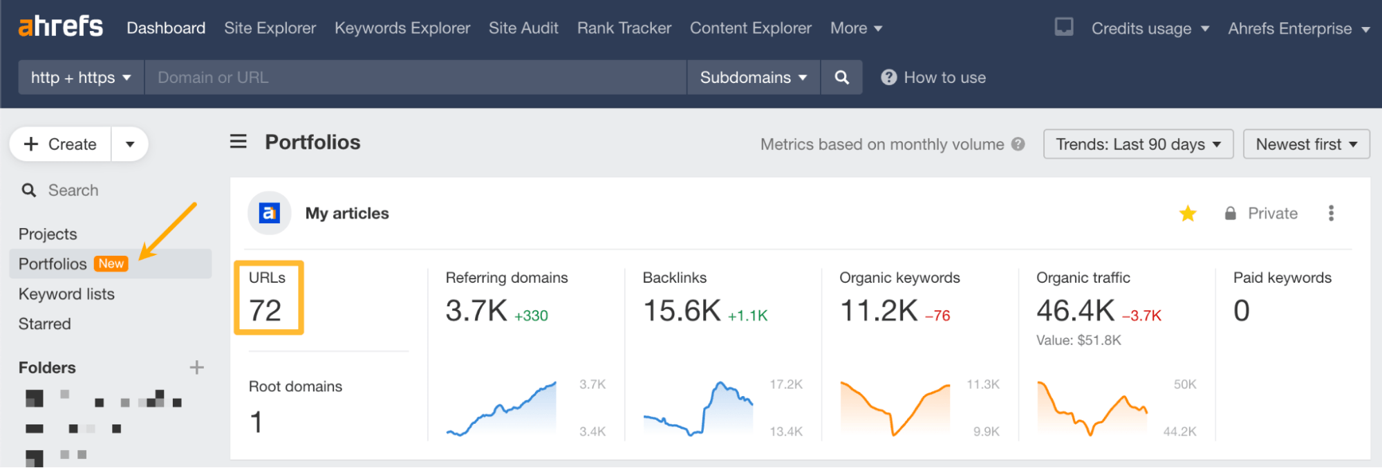 Función de portfolio en Ahrefs.