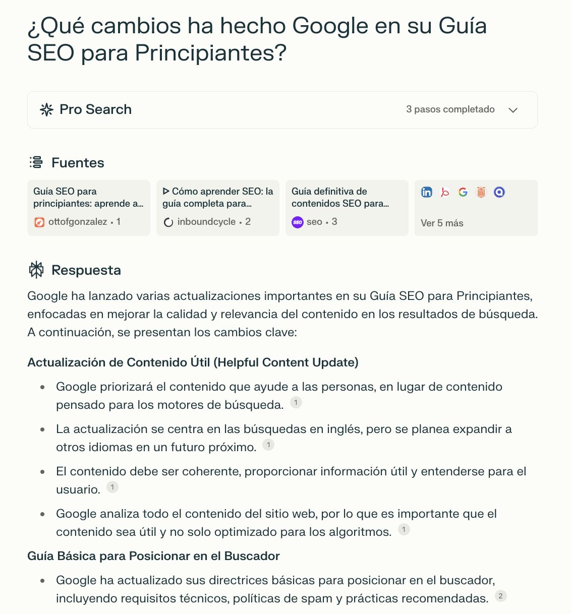 La respuesta de Perplexity a la pregunta sobre los cambios que ha hecho Google en su Guía SEO para Principiantes