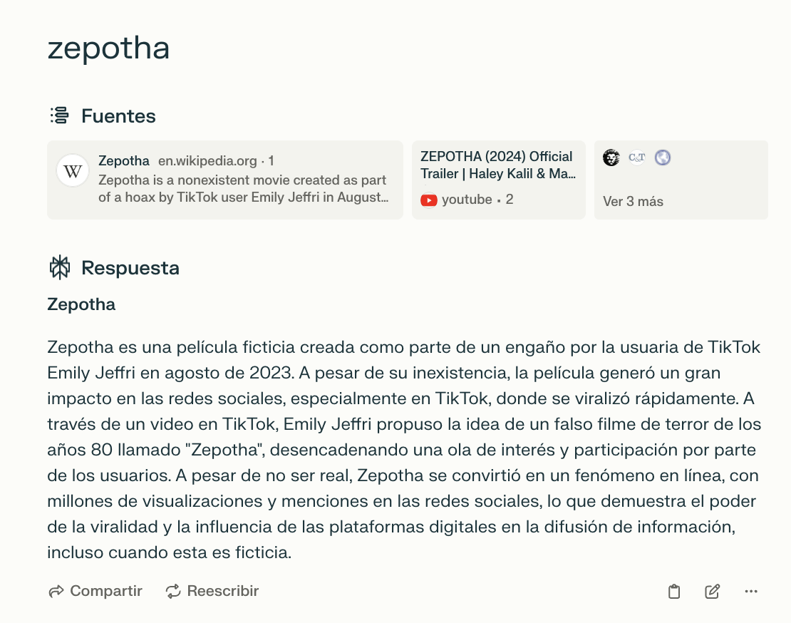 La respuesta de Perplexity sobre "zepotha"