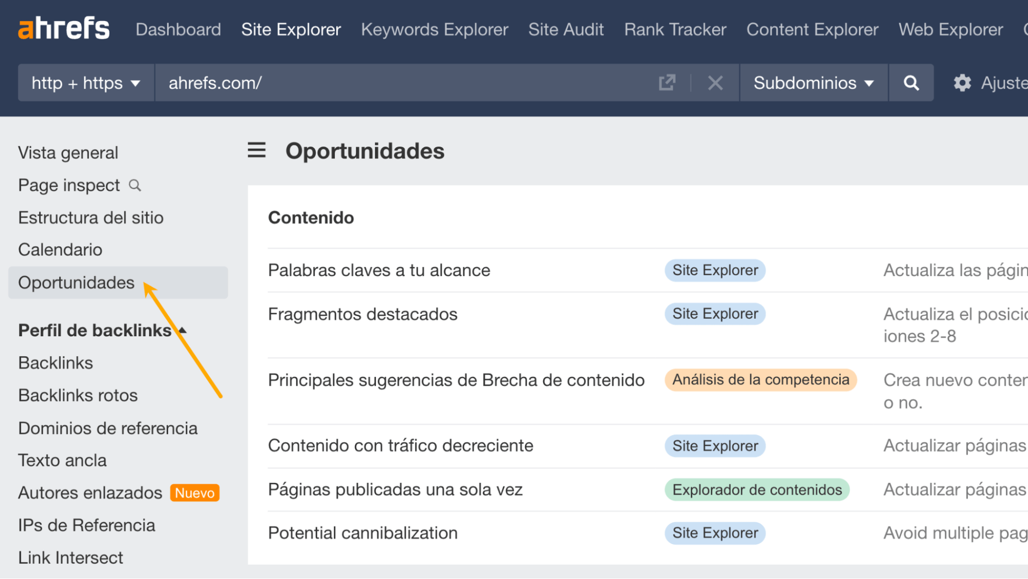 Informe de Oportunidades de Site Explorer.