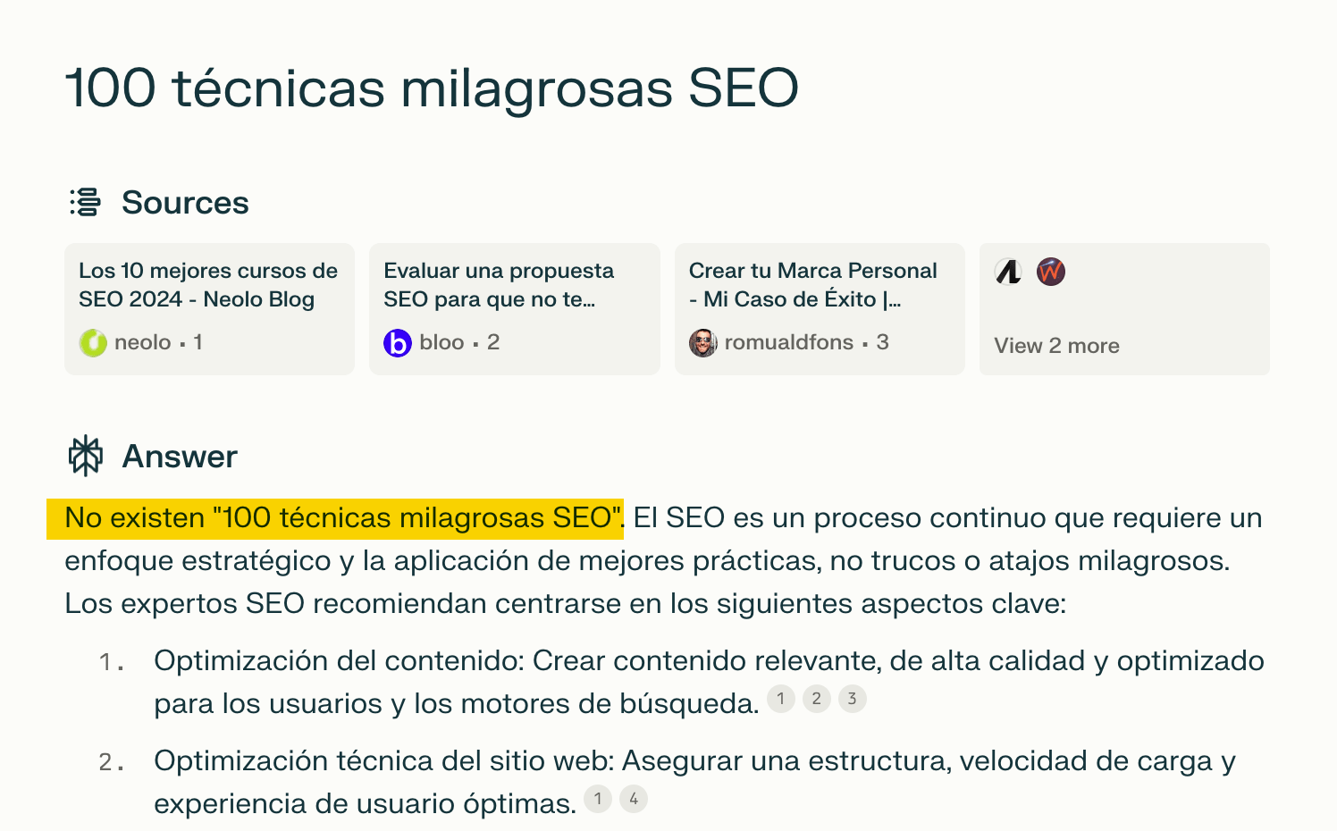 La respuesta de Perplexity a "100 técnicas milagrosas SEO"