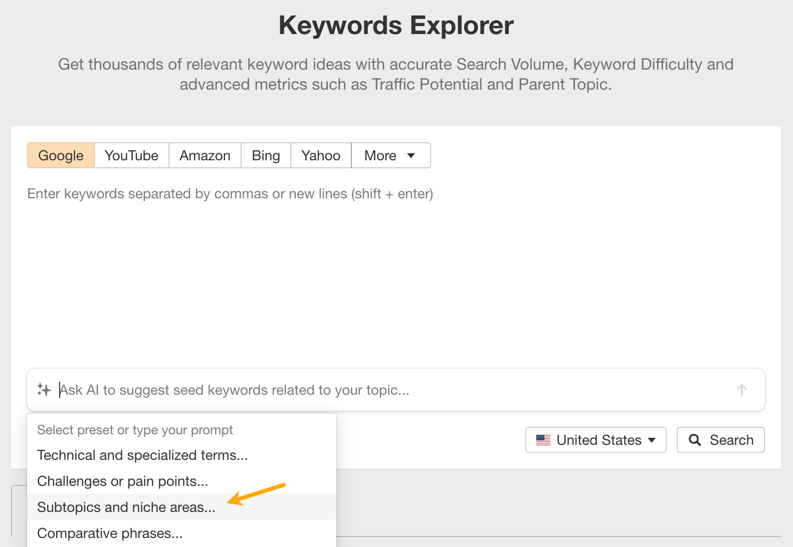 Uso de la IA para ayudar al proceso de búsqueda de palabras clave en Ahrefs.