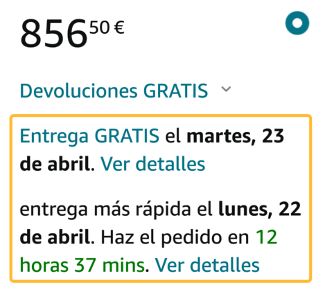 Detalles de entrega de un producto en Amazon.