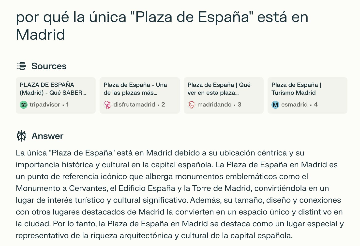 La respuesta de Perplexity a "por qué la única plaza de España está en Madrid"