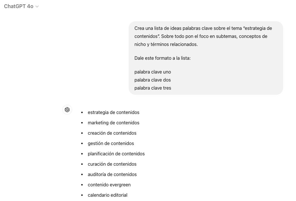 Preguntando a ChatGPT por ideas de palabras clave