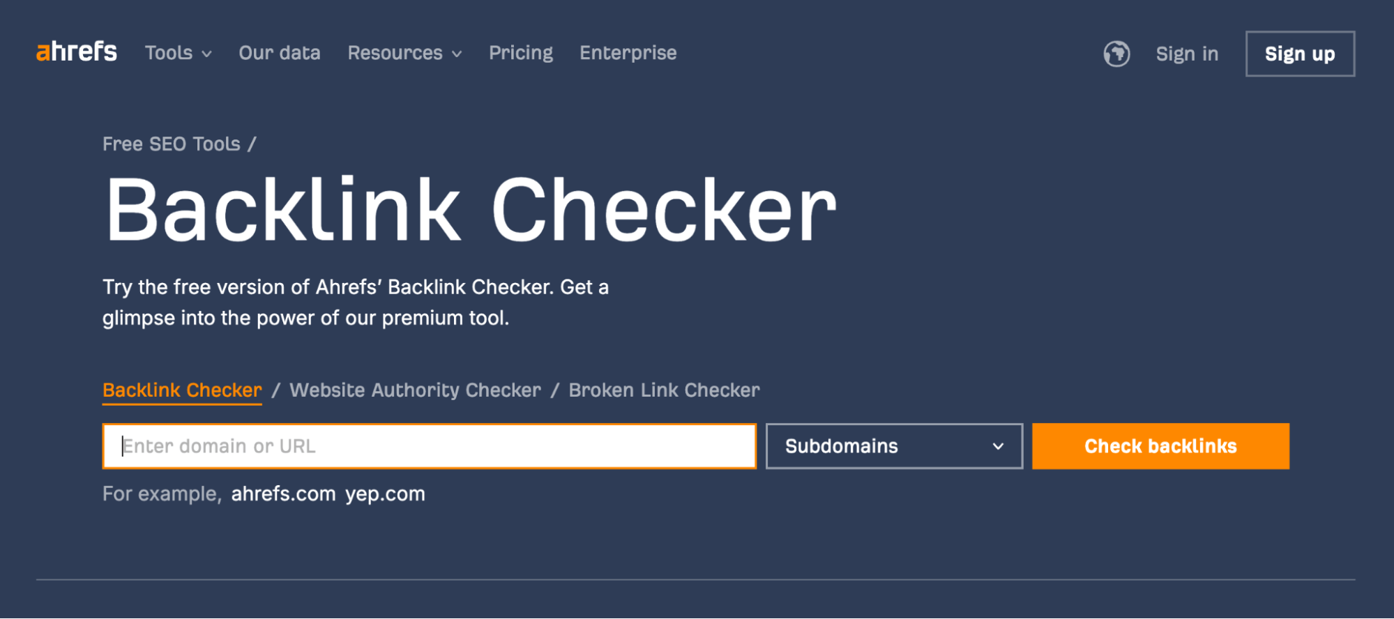 Nuestra página landing actual para "backlink checker"