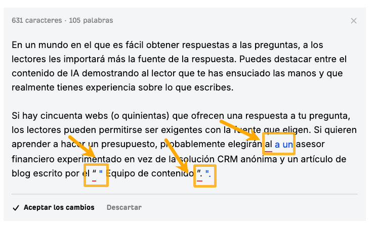 Sugerencias de cambio en el corrector gramatical con IA de Ahrefs