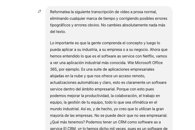 Petición a ChatGPT para dar un formato adecuado a una transcripción