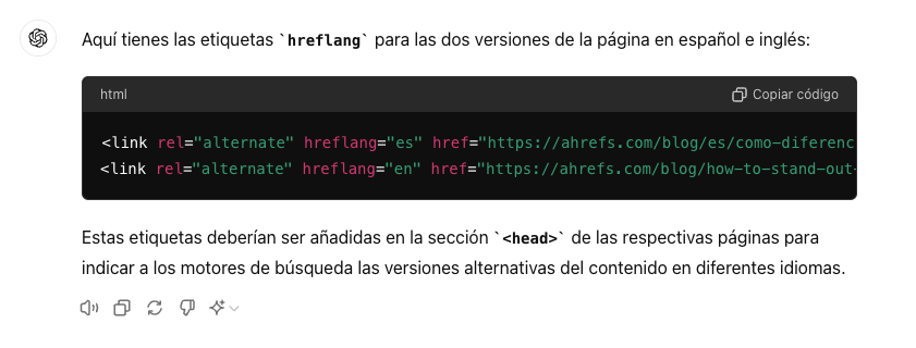 Etiquetas hreflang en inglés y español, generadas con ChatGPT