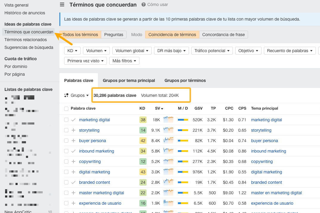 Informe de Términos que concuerdan en Ahrefs