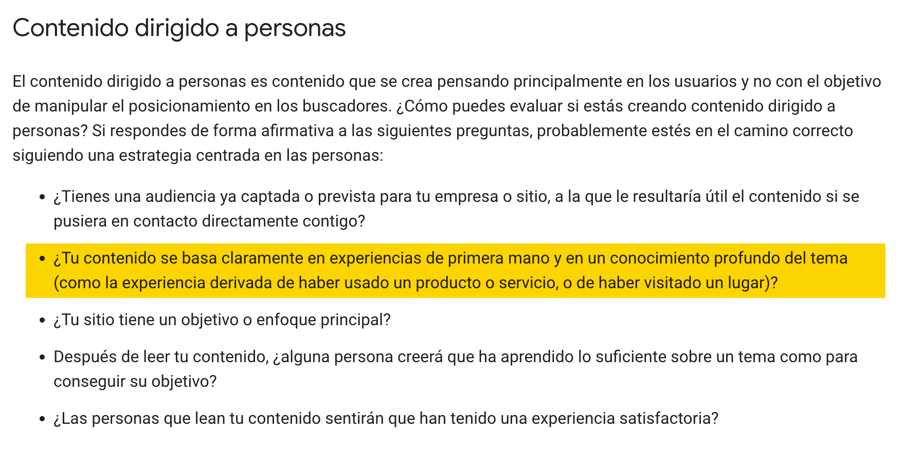 Recomendaciones de creación de contenido de Google. Es importante demostrar experiencia de primera mano.