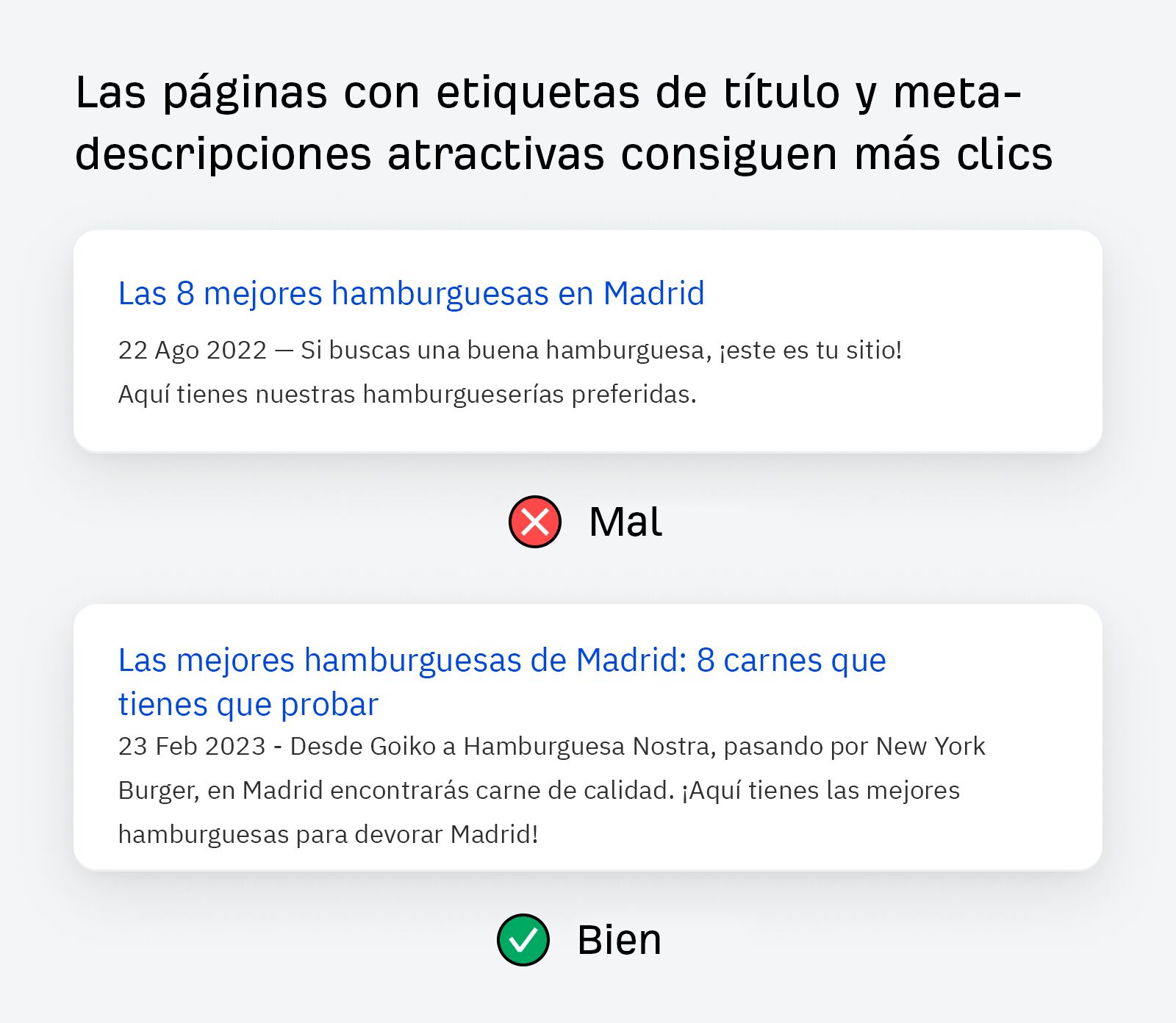 Las páginas con etiquetas de título y metadescripciones atractivas consiguen más clics