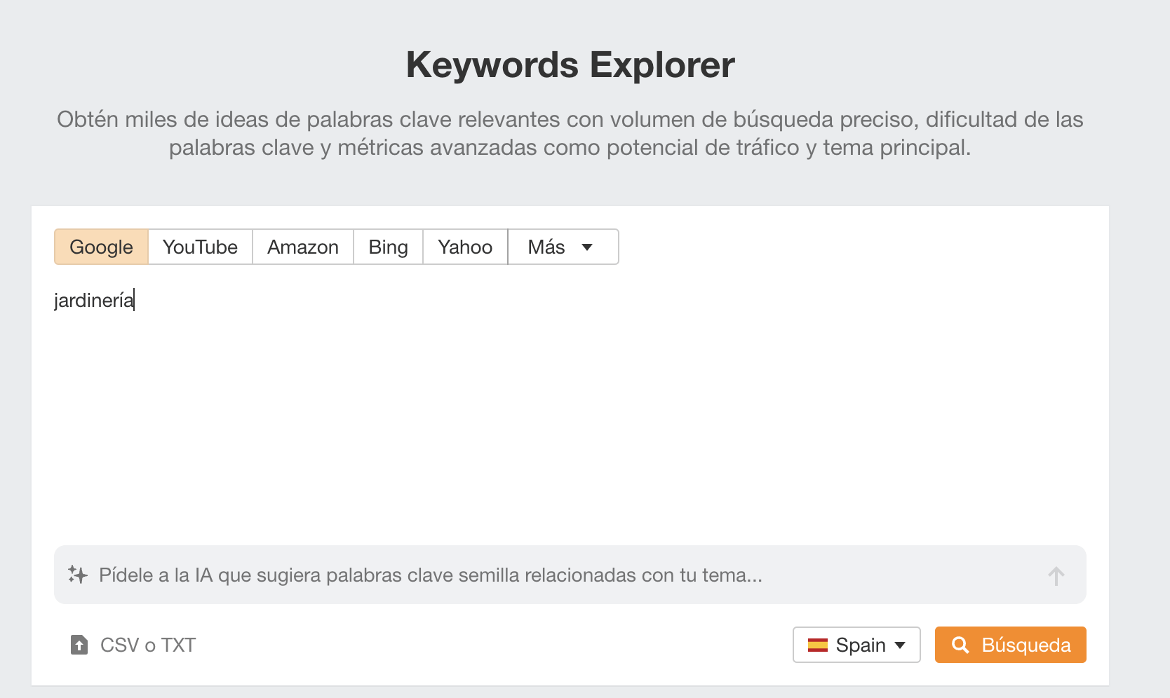 Ejemplo que muestra cómo introducimos una palabra clave en Keywords Explorer de Ahrefs