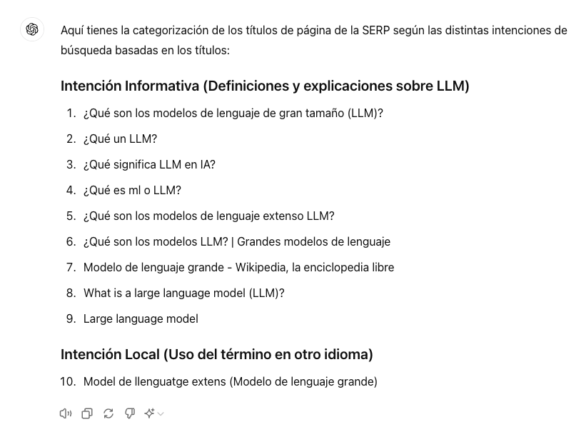 Pidiendo a ChatGPT categorice intenciones de búsqueda en 2 categorías