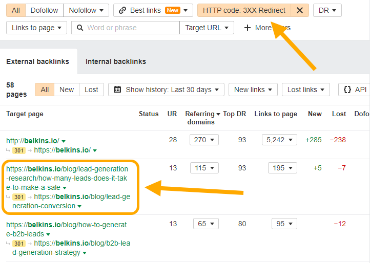 Informe de páginas con redirección 301 a través de Site Explorer de Ahrefs.