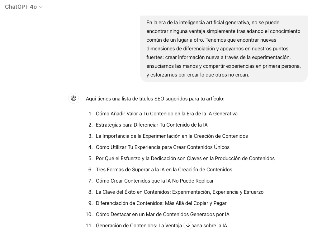 ChatGPT sugiere una lista de títulos para un artículo