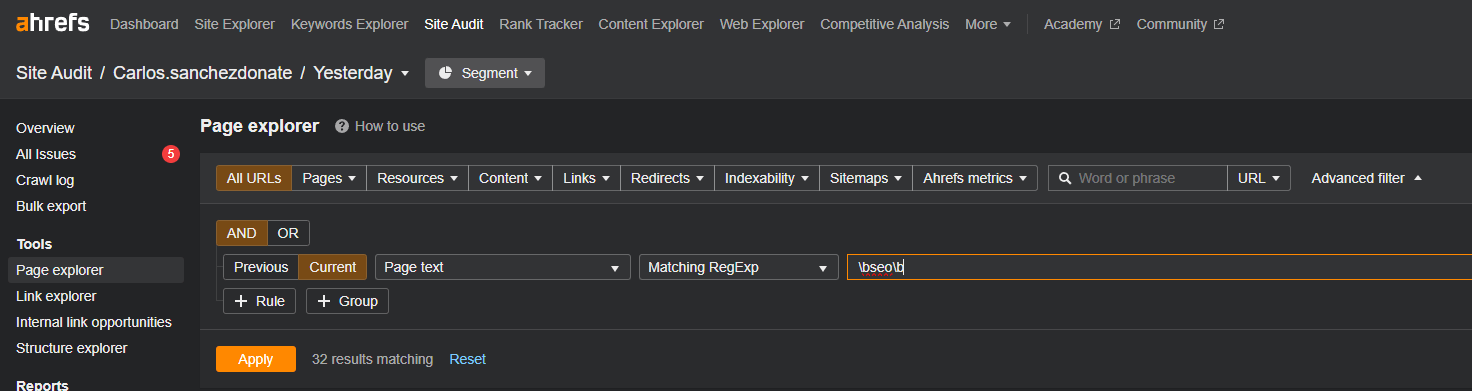 Filtros avanzados en Site Audit de Ahrefs