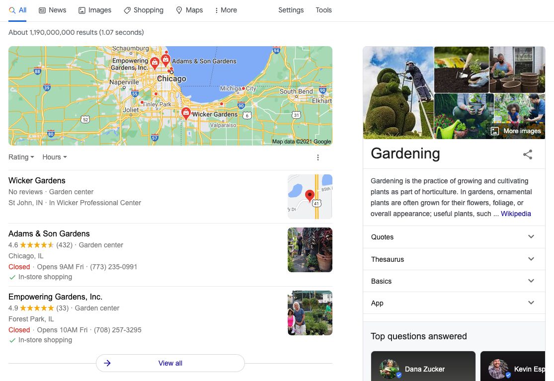 Resultados históricos de las SERP de Google que muestran un paquete de mapas locales junto a un panel de conocimientos para la palabra clave "jardinería".