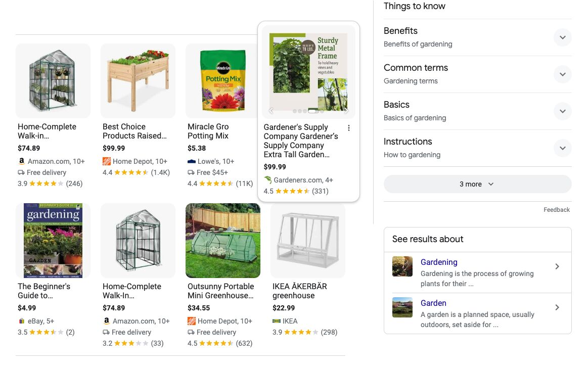 Resultados SERP actuales en Google para la palabra clave "jardinería" mostrando resultados de productos.