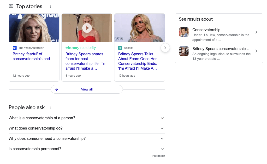 Resultados SERP afectados por QDF para la palabra clave "conservatorship" durante 2021 mostrando resultados de noticias sobre Britney Spears.