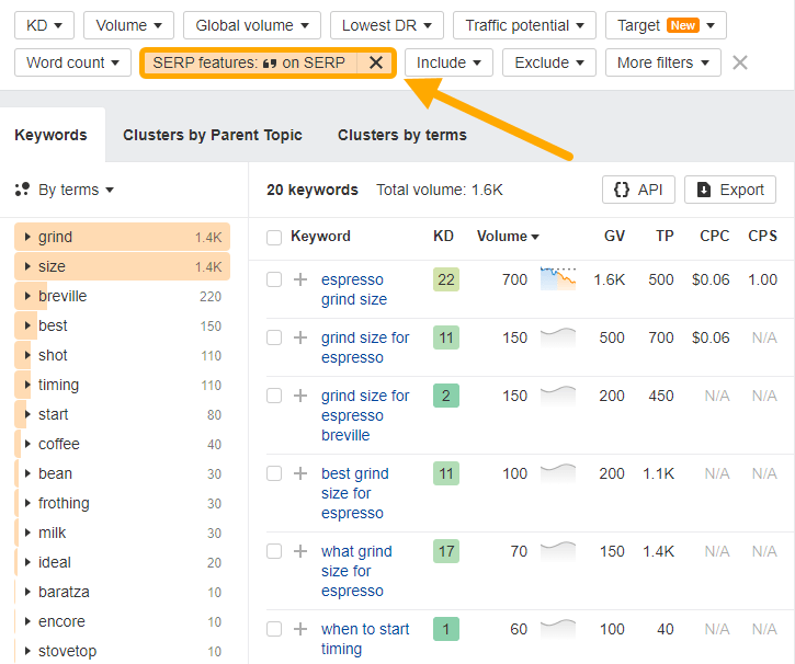 Función de SERP features de Keywords Explorer de Ahrefs