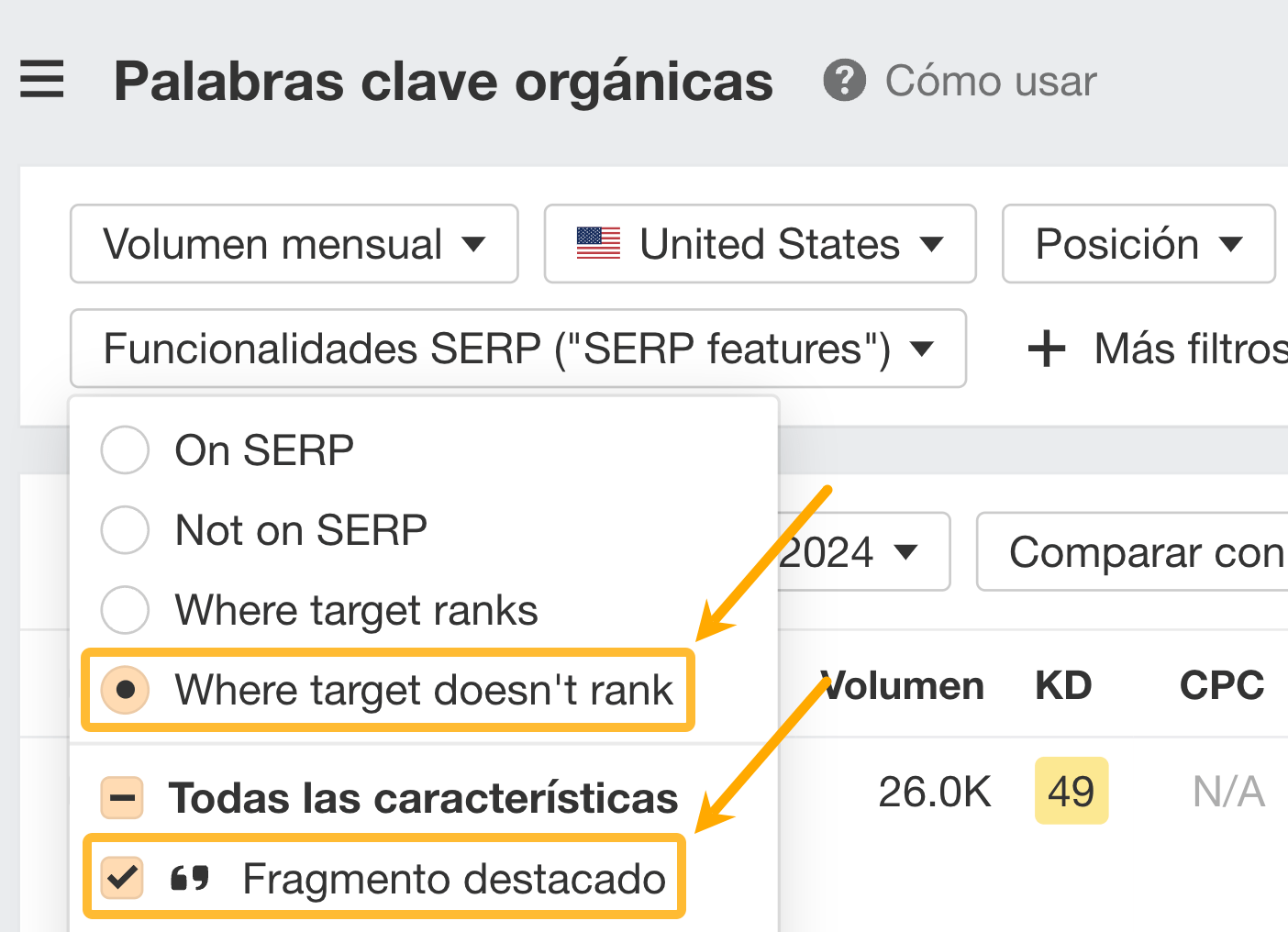 SERP features mostrando solo las palabras clave que tienen un fragmento destacado en las SERP para las que el sitio web no posiciona.