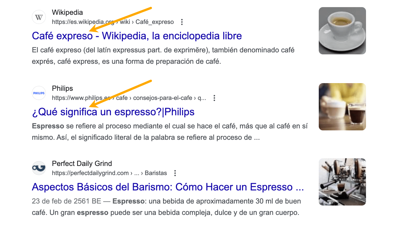  La mayoría de los primeros resultados para "espresso" se centran en definiciones y explicaciones sencillas.