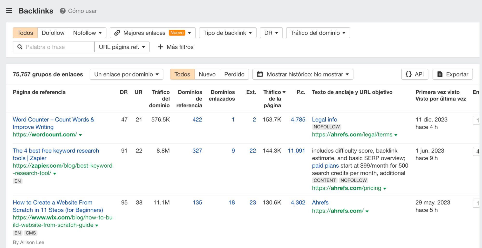 Informe de Backlinks de Site Explorer de Ahrefs.