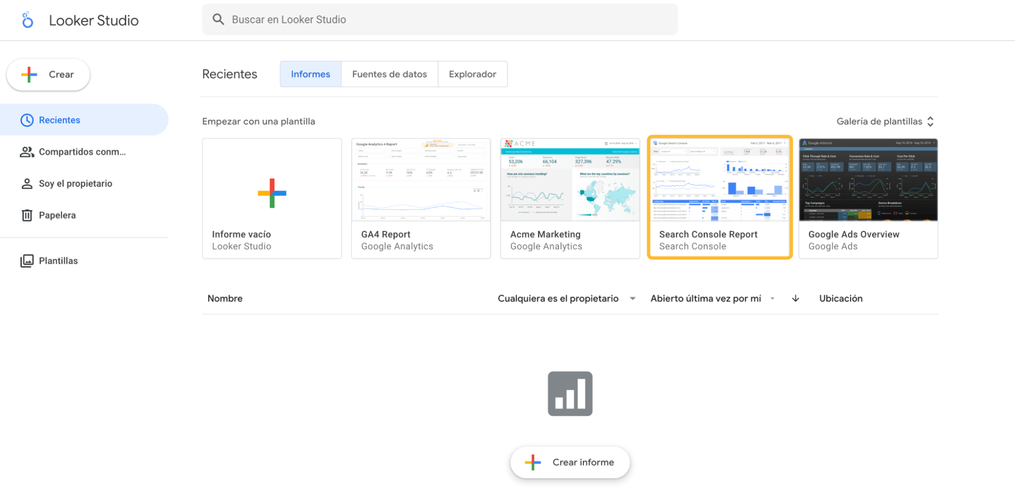 Página de inicio de Google Looker Studio.