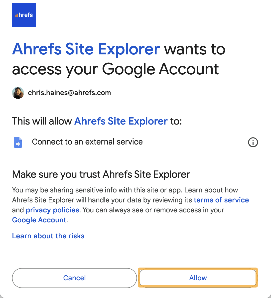 Autorización de Google para Ahrefs.