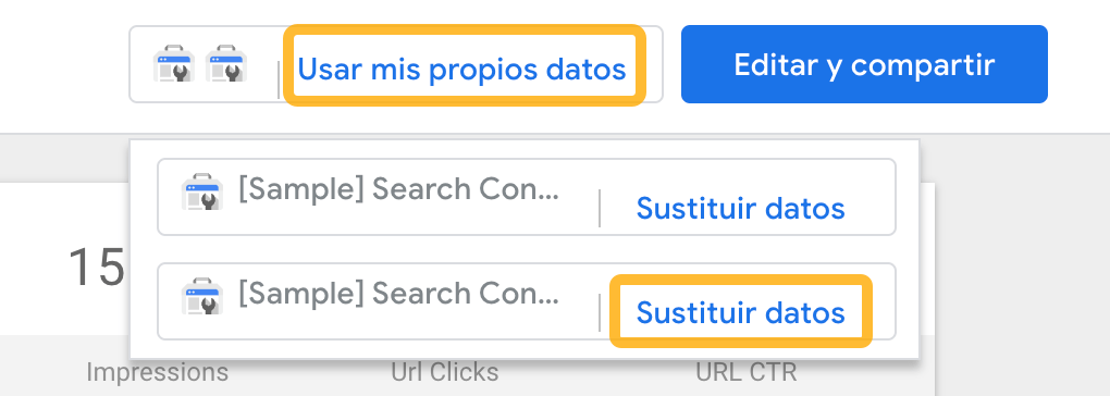 Opción para utilizar tus propios datos en la plantilla de Google Looker Studio.