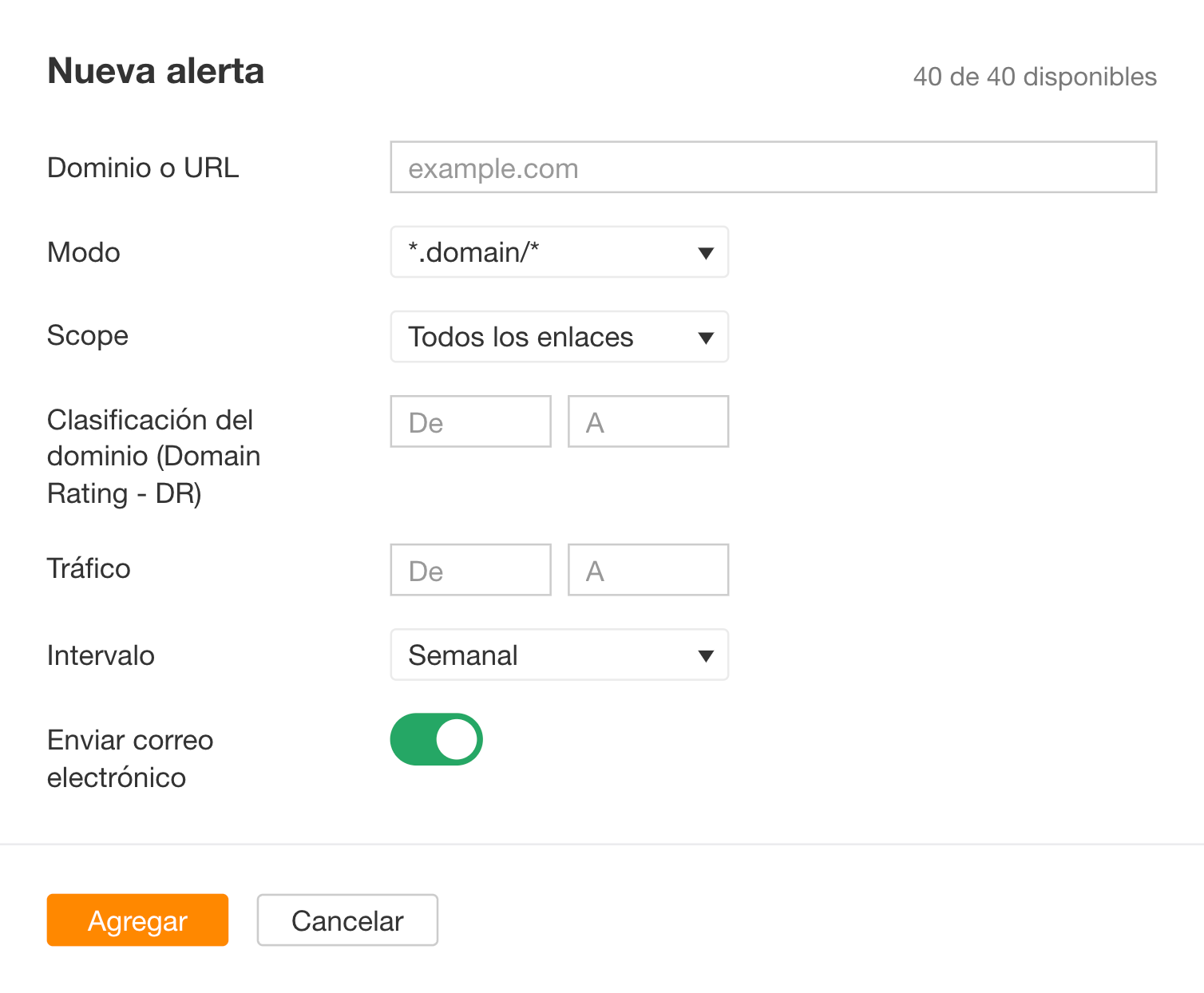 Configuración de alerta con Ahrefs Alerts.