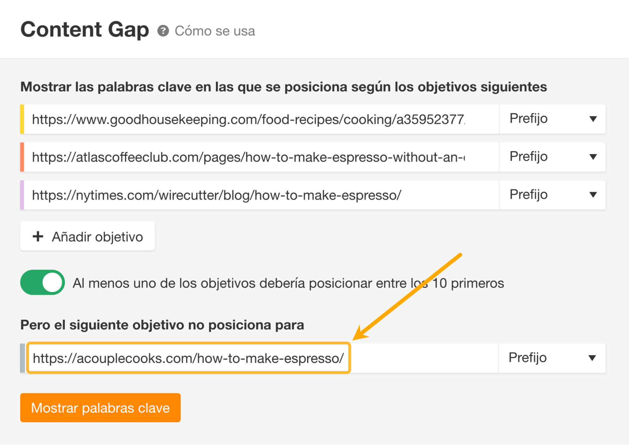 Informe de Content Gap de Ahrefs.