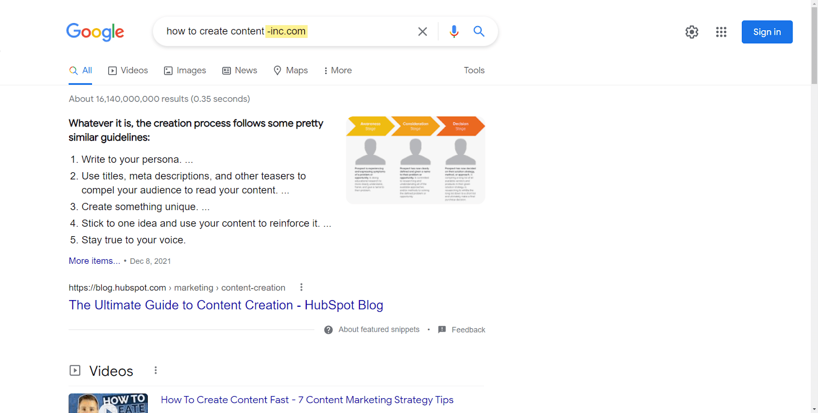 Si añades “-inc.com” a tu búsqueda, estarás eliminando este sitio de los resultados y podrás ver el segundo fragmento destacado elegible de hubspot.com.