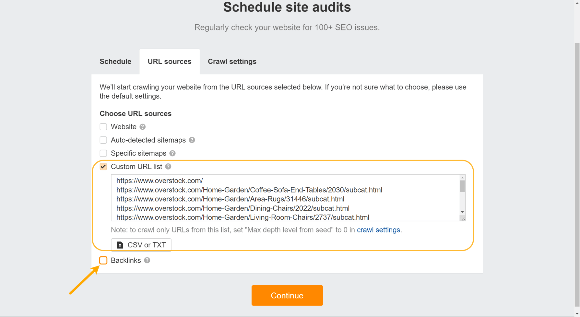 Cómo añadir la mayoría de las URL enlazadas como una lista de URL personalizadas en Site Audit.