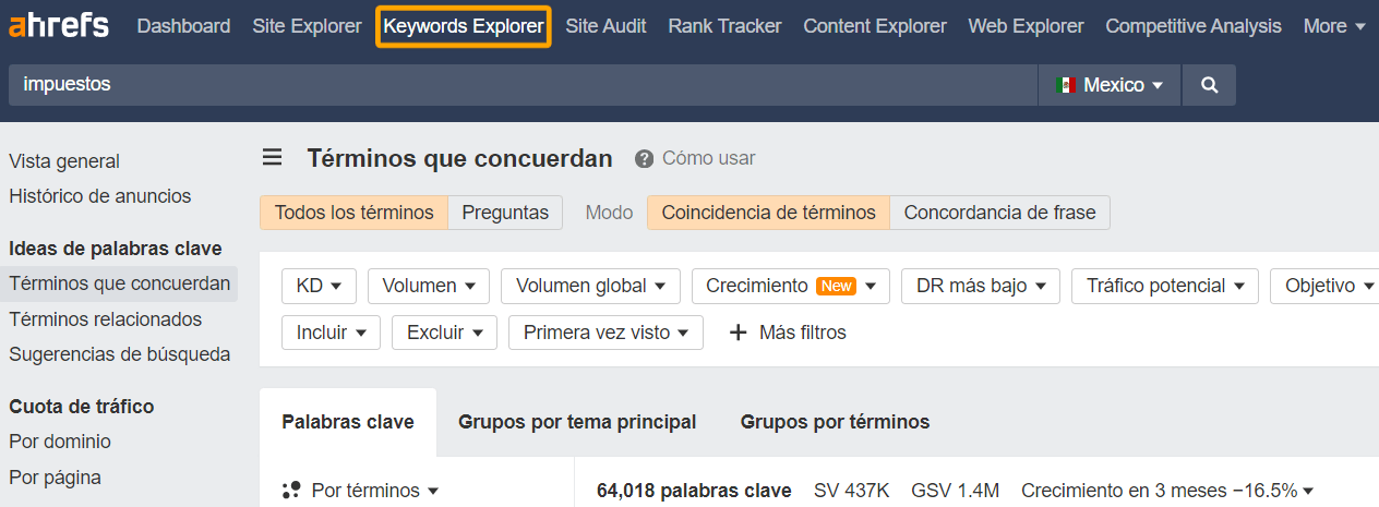 Coincidencia de términos en Keywords Explorer