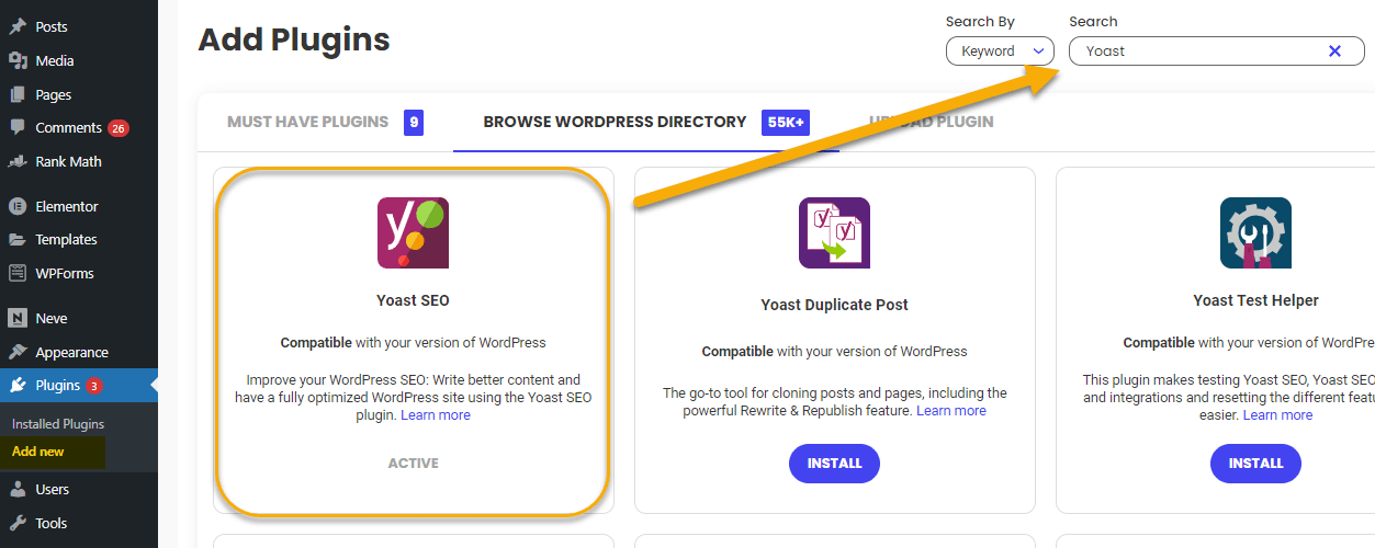 Añadir el plugin Yoast a WordPress.