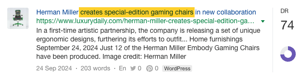 Captura de pantalla de un titular de Luxury Daily en el que se lee "Herman miller crea una edición especial de sillas de juego en una nueva colaboración", en la que se destaca el hecho de que Herman Miller invierte en colaboraciones orientadas al producto.