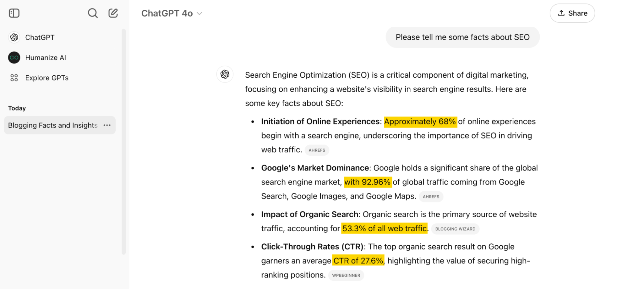 Interfaz de ChatGPT que muestra estadísticas SEO destacadas, para la consulta "Por favor, dime algunos datos sobre SEO".