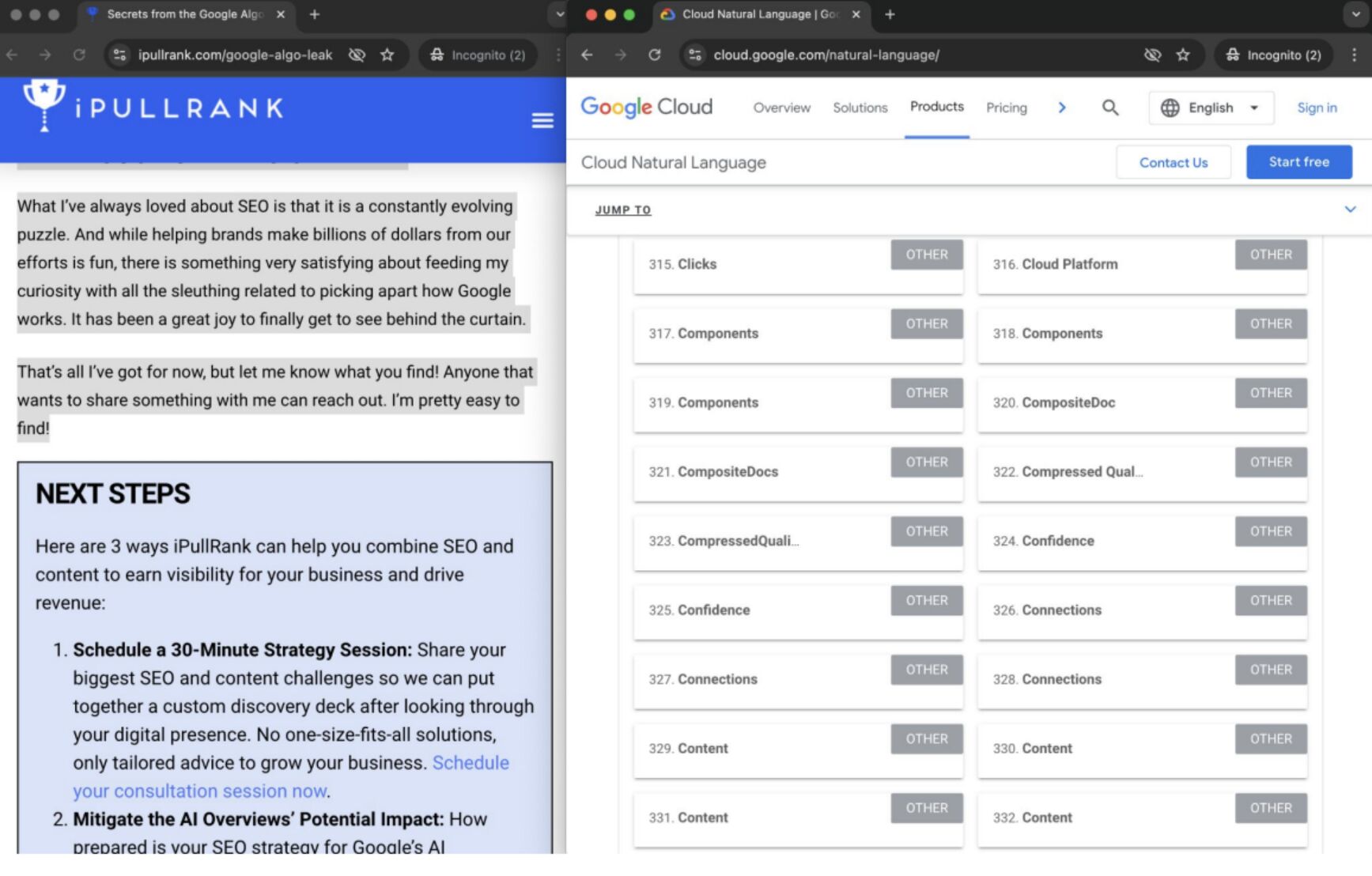 Captura de pantalla de la charla Ahrefs de Bernard Huang que muestra el análisis del artículo Google Leak de iPullRank, utilizando la API NLP de Google a la derecha de la captura de pantalla. El análisis revela temas de incrustación de páginas como "Clics, componentes, plataforma Cloud, conexiones, contenido, confianza, etc".