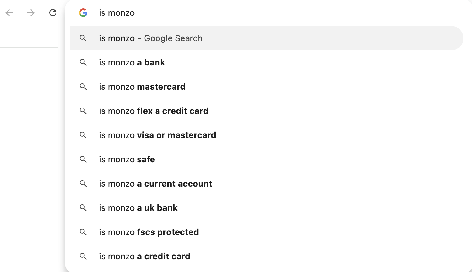 Una captura de pantalla de las búsquedas relacionadas de Google para la consulta incompleta "¿Es Monzo...". Las sugerencias incluyen «...un banco», «...mastercard» y «...flex una tarjeta de crédito».