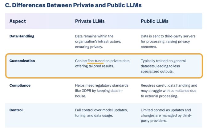 Captura de pantalla de una tabla elaborada por Kanerika en la que se destaca la diferencia entre los LLM privados y públicos. Se ha resaltado la fila «Personalización», en concreto la frase de la columna «LLM privado» que dice: «Puede ajustarse en datos privados, ofreciendo resultados personalizados». La versión «LLM público», en cambio, dice: «Normalmente se entrena en conjuntos de datos generales, lo que da lugar a resultados menos especializados».