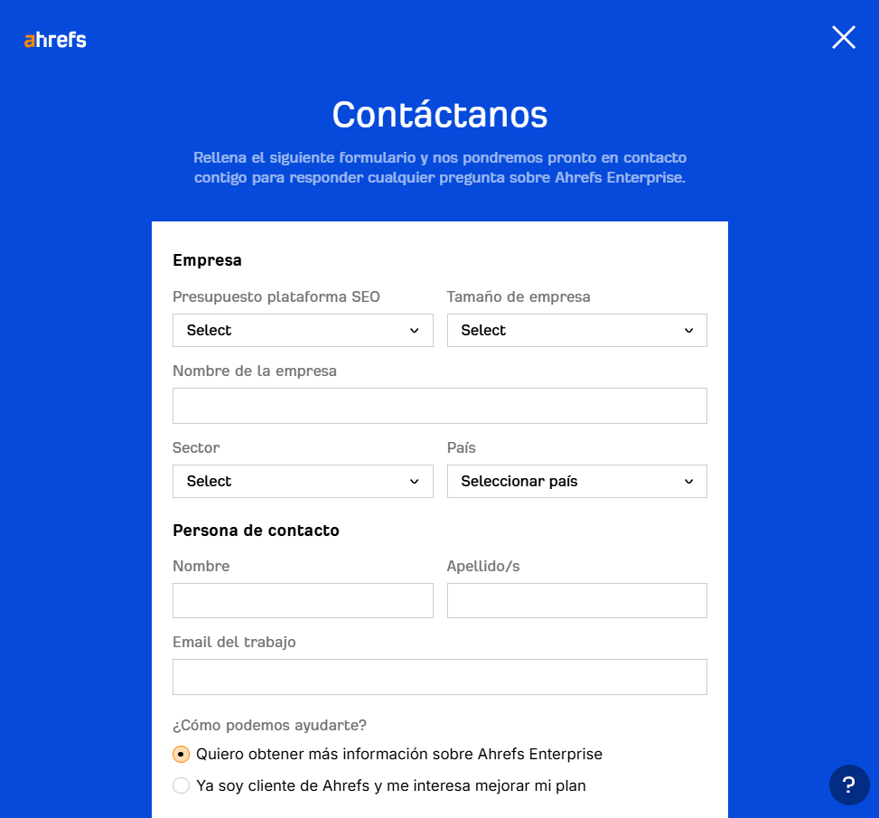 Formulario para reservar una llamada y obtener más información sobre Ahrefs Enterprise.