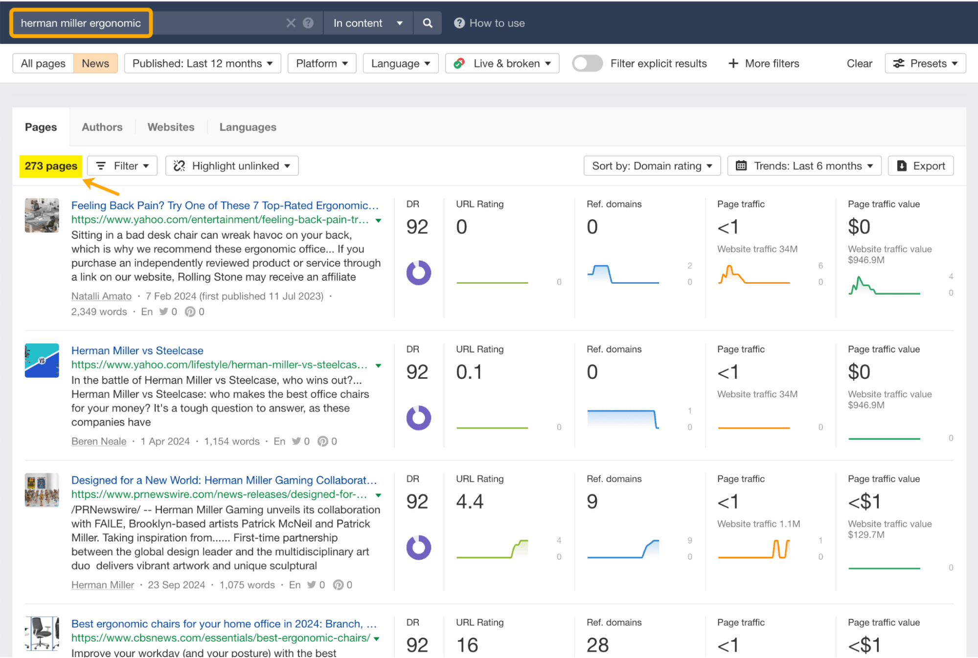 Una captura de pantalla de Content Explorer de Ahrefs que muestra las menciones de marca en el contenido para las palabras "Herman Miller Ergonomic". Destacando 273 páginas de menciones.