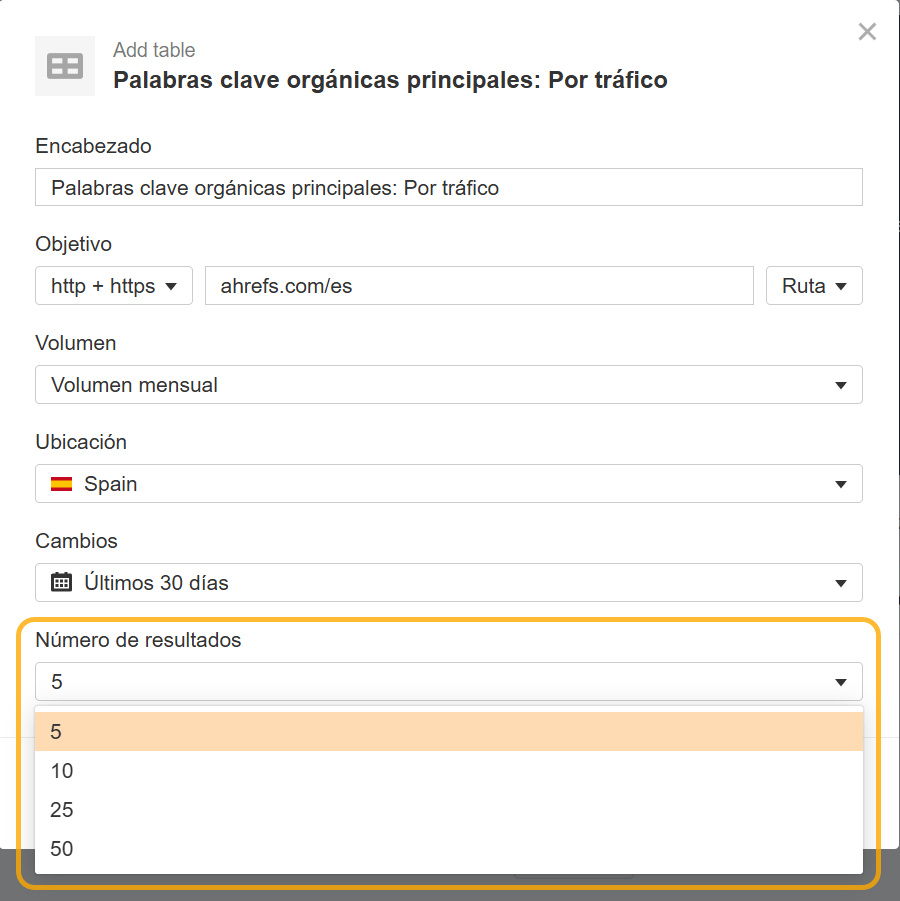 Más opciones de número de resultados en Informes, Ahrefs