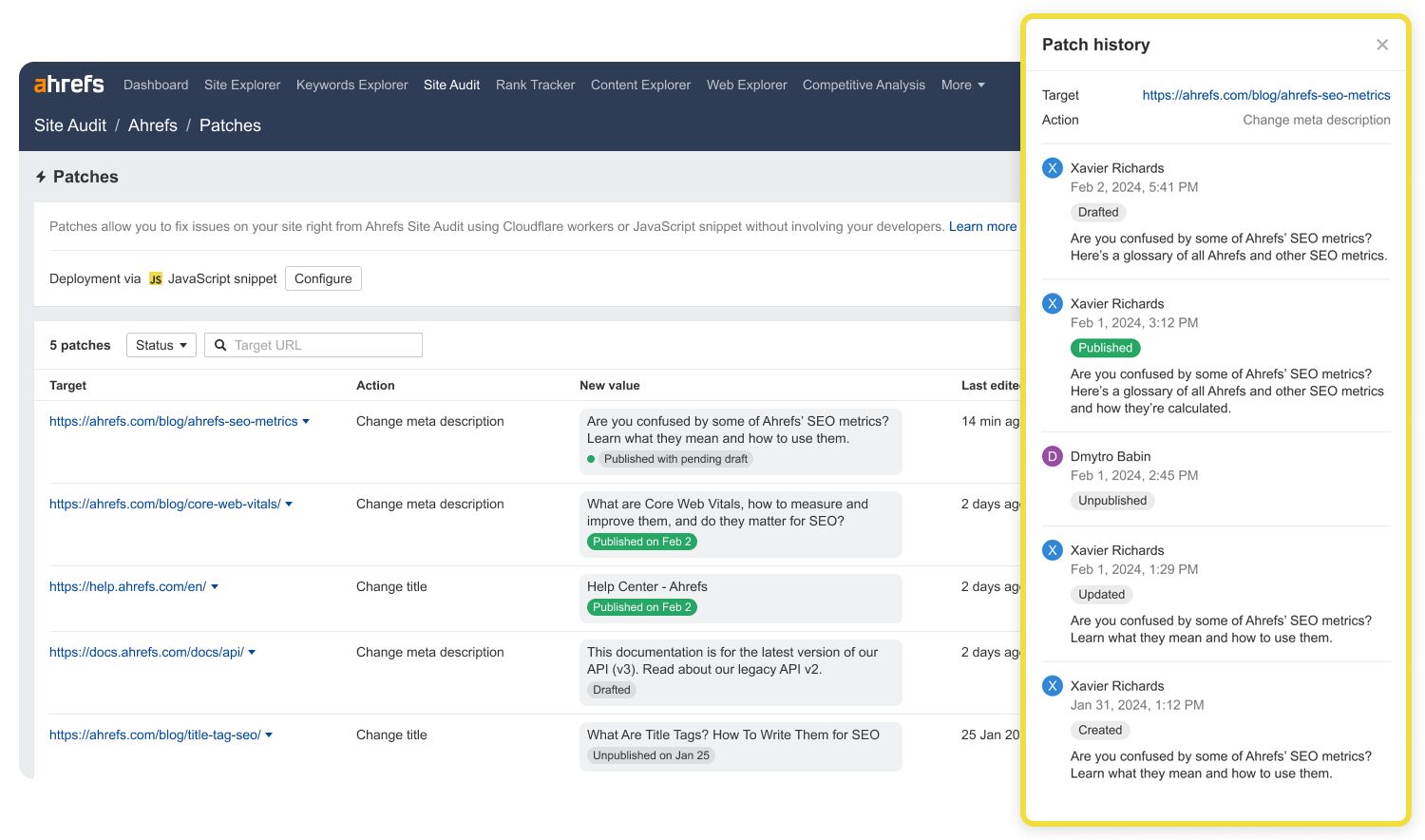 Patch history in Site Audit