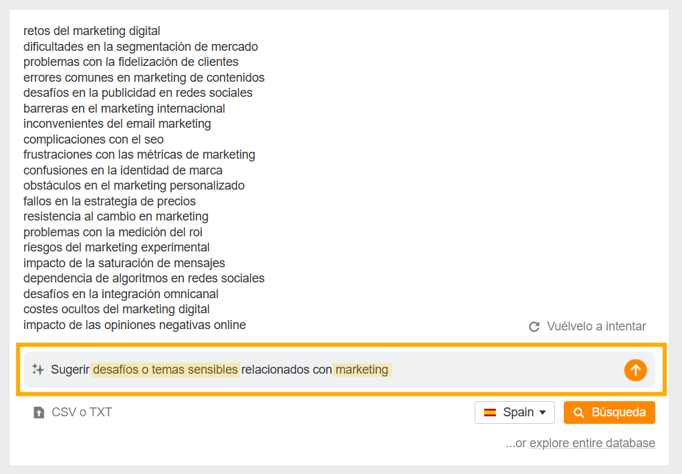 Sugerencias de palabras clave IA en Ahrefs (Desafíos y temas sensibles)