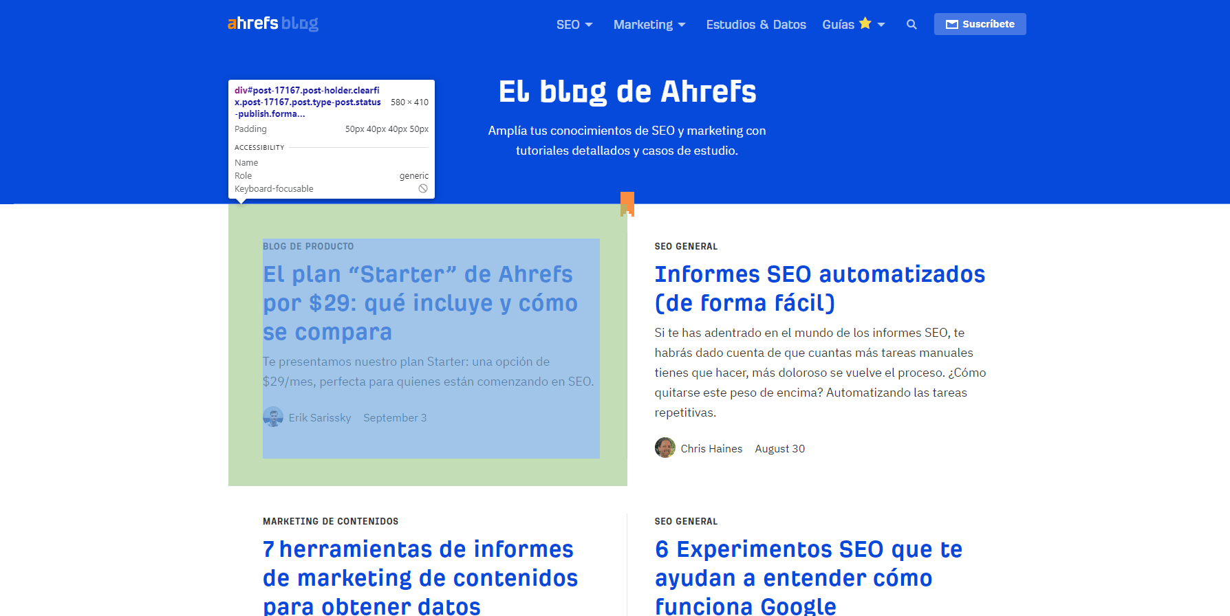 Ejemplo de etiquetas HTML en la página Home del blog de Ahrefs
