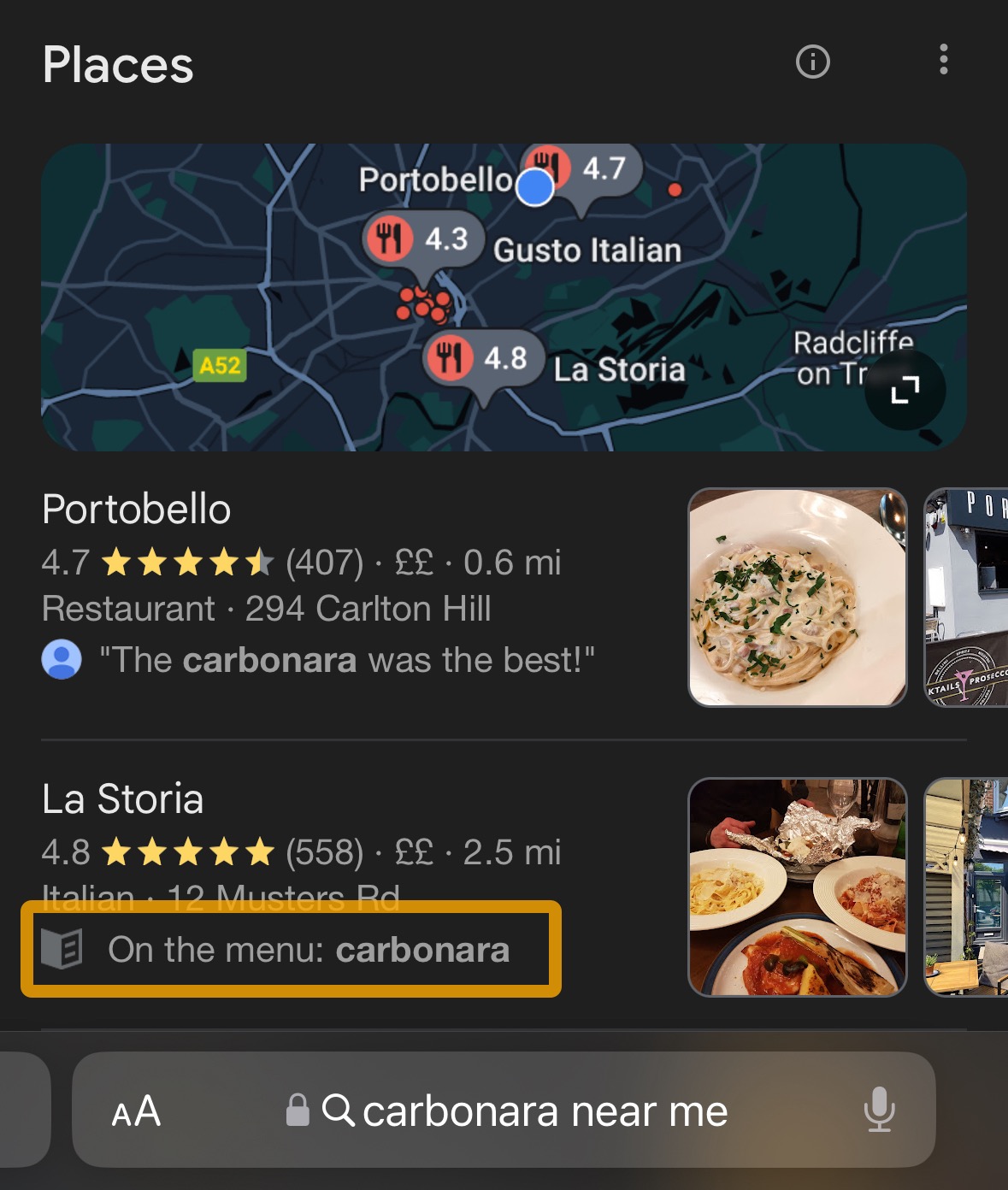 Google muestra este restaurante en los resultados de búsqueda porque tiene el plato que he buscado en el menú.